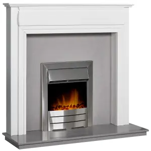 Adam Honley Fireplace in Pure White & Grey with Downlights & Colorado Electric Fire in Brushed steel, 48 Inch