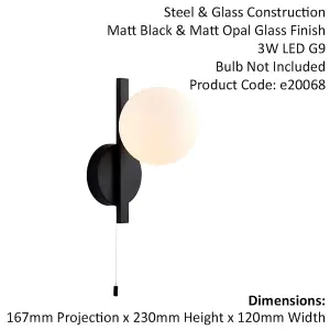 Matt Black Contemporary Bathroom Wall Light & Opal Sphere Glass Shade IP44 Rated