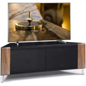 MDA Designs CORVUS Corner-Friendly Black with Walnut Profiles Black BeamThru Glass Doors Stand for Flat Screen TVs up to 50"