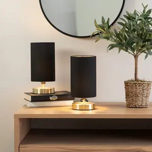 Pair - Brushed Gold Cylinder Touch Dimmer Table Lamp with Black Fabric Shade Bedside Light Bedside Light - LED Bulbs Included