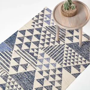 Homescapes Delphi Blue and White Geometric Style 100% Cotton Printed Rug, 120 x 170 cm