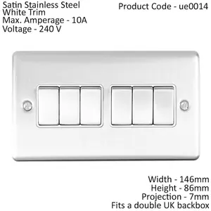 6 Gang Multi Light Switch SATIN STEEL 2 Way 10A White Trim & Metal Rocker