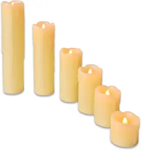 6 x Cream Real Wax Led Pillar Candles - Battery Powered Faux Flickering Light Home Decorations - H5-23cm