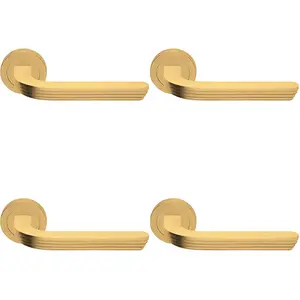 4 PACK - Premium Art Deco Door Handle Set - Satin Brass Reeded Lever on Round Rose