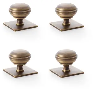 4 PACK - Classic Round Cabinet Door Knob & Matching Backplate - Antique Brass 38mm Handle