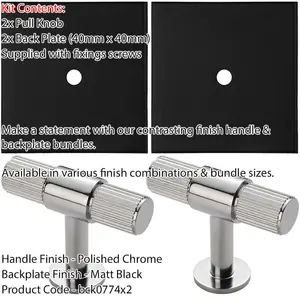 2 PACK - Cabinet Door Knob & Contrasting Backplate Set - Reeded T Bar Pull - Polished Chrome & Black