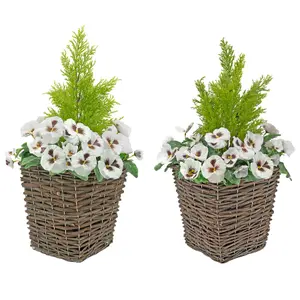 GreenBrokers 2 x Artificial White Pansy Rattan Patio Planters 60cm/23.5in