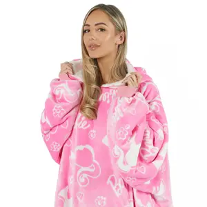 Barbie Hoodie Blanket Oversized Fleece Throw Jumper Sweatshirt, Pink - Large