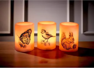 3 x Animal Design Real Wax LED Pillar Candles - Battery Powered Flickering Light Home Decorations - Each H10 x 7.5cm