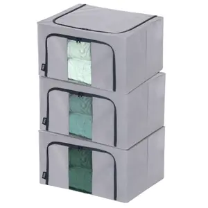 LIVIVO Foldable Fabric Clothes Storage Boxes with Zips - Set of 3/Grey