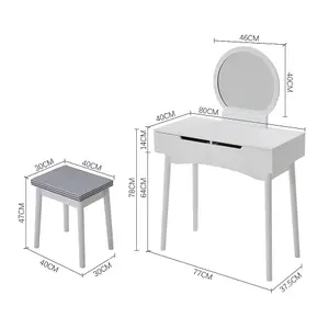 Dressing Table and Chair Set,White Wooden Dressing Table Mirror Desk with Drawer and Dressing Stool