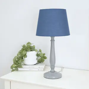 ValueLights Victoria Traditional Grey Wood Candlestick Table Lamp with Navy Blue Tapered Shade