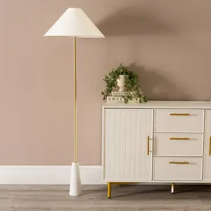 ValueLights Margot White Marble Base Floor Lamp with a Linen Tapered Lampshade