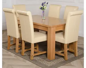 Dakota 152 x 87 cm Chunky Medium Oak Dining Table and 6 Chairs Dining Set with Washington Ivory Leather Chairs