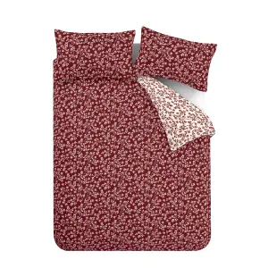 Catherine Lansfield Brushed Grace Floral Leaf Cotton Reversible Duvet Cover Set with Pillowcase Red