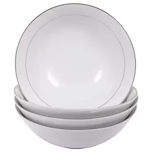 Set of 4 Durable White Ceramic Dinner Bowls with Dual Silver Metallic Rims