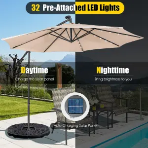 Costway 3 x 3m Cantilever Parasol Backyard Patio Offset Umbrella w/ 32 Solar-Powered LED Lights