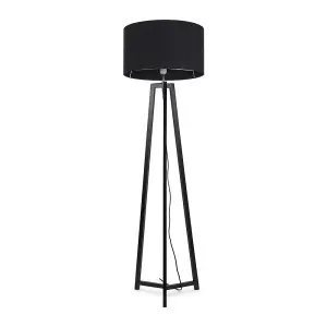 ValueLights Lottie Black Wood Tripod Floor Lamp with Black Drum Shade - LED Bulb Included