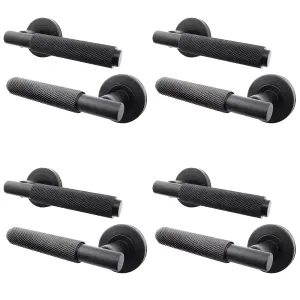 AFIT Matt Black Internal Door Handle - 4 Pairs Knurled Matt Black Lever on Rose Round Handles - Dixon Range