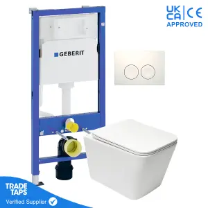 White Wall Hung Square Toilet Pan with Geberit Concealed Cistern Frame 112cm & Delta25 White Flush Plate