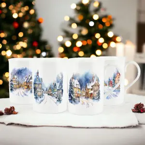 Purely Home Watercolour Christmas Town Bone China Mugs - Set of 4