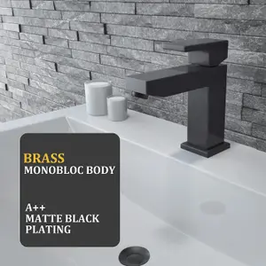 BATHWEST Matte Black Square Basin Taps with Drain Basin Mixer Taps with Pop Up Waste Monobloc Brass Basin Taps with Sink