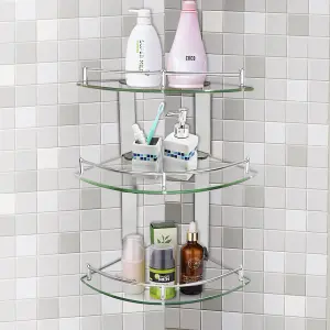 3 Tier Wall Mounted Tempered Glass Corner Bathroom Shelf Shower Storage Organizer Dia 20 cm