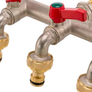 triple outlet garden tap splitter/manifold in nickel plated brass,universal hose connection,1/2" bsp inlet thread