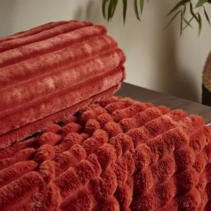 Catherine Lansfield Cosy Ribbed Faux Fur Blanket Throw Burnt Orange