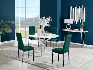 Furniturebox UK Novara White High Gloss 120cm Round Dining Table & 4 Green Velvet Milan Black Leg Chairs