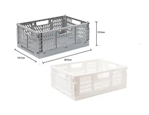 2 Small Folding Stackable Storage Crates Grey & Cream Storage Basket Desk Tidy