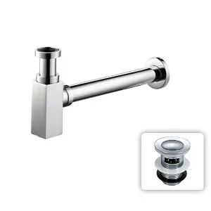 Nes Home Chrome Square Bottle Trap & Outlet Pipe Bathroom Basin Sink Brass With Free Waste