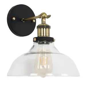 ValueLights Wallace Industrial Black and Gold Wall Light Fitting with Clear Glass Wide Light Shade