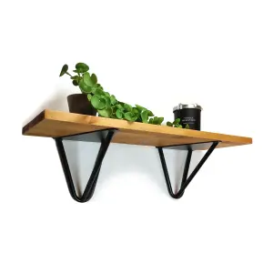 Solid Pine Rustical Shelf Light Oak Black Hairpin Bracket Style 20x90cm