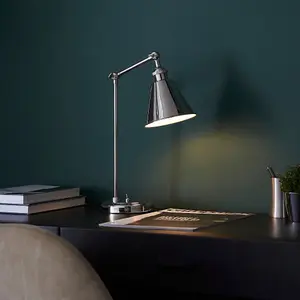 Bright Nickel Table Lamp Light - Satin White Inner Shade - Knurled Detailing