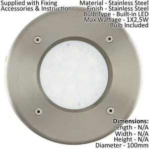 IP67 Outdoor Recessed Ground Light Stainless Steel Round 2.5W Built in LED