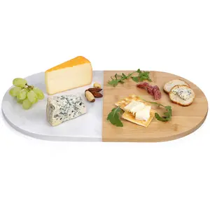 URBNLIVING 38cm Length Ceramic Oval Serving Platter Cheese Board Cake Tray Marble & Bamboo Plate