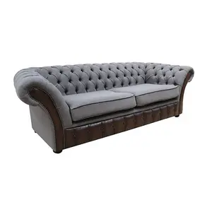 Chesterfield 3 Seater Antique Brown Real Leather Bacio Pewter Fabric Sofa In Jepson Style