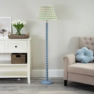 ValueLights Bobbles Powder Blue Bobbin Floor Lamp with Pink Aztec Pleated Shade