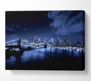 New York City Night Blues Glow Canvas Print Wall Art - Medium 20 x 32 Inches