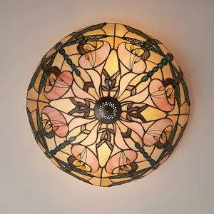 Tiffany Glass Semi Flush Ceiling Light Dragonfly Round Inverted Shade i00032