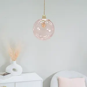 ValueLights Frenchie Pink Tinted Glass Globe Easy Fit Ceiling Light Shade with Brushed Gold Trim - LED Bulb Included