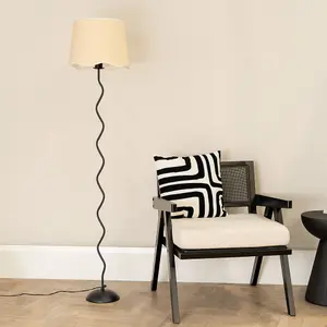 ValueLights Wiggle Black Metal Single Stem Floor Lamp with Linen Scallop White Trim Tapered Shade