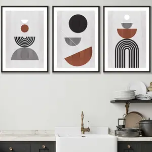 Set of 3 Black Grey Terracotta Abstract Mid Century Geometric Wall Art Prints / 30x42cm (A3) / Black Frame