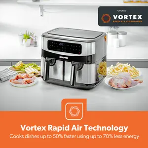 Geepas Vortex 9L Dual Basket Air Fryer, 10-In-1 Digital Convection, LED Touchscreen