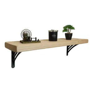 Solid Wood Handmade Rustical Shelf Unprimed 225mm 9 inch with Black Metal Bracket WAT Length of 40cm