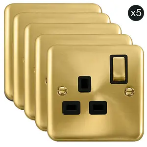 5 PACK - Curved Satin / Brushed Brass 1 Gang 13A DP Ingot Switched Plug Socket - Black Trim - SE Home