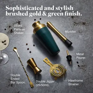 VonShef Cocktail Shaker Set Green/Gold, 550ml Parisian Shaker, 6pc Home Bar & Bartender Set - Strainer, Muddler, Jigger & Gift Box