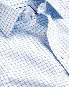 Non-Iron Twill Fine Shadow Checkered Cotton Formal Shirt - Cornflower Blue Single Cuff Size Small By Charles Tyrwhitt