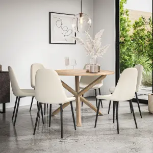 Malvern Round Dining Table And Chairs -  Oak Table Top w Solid Oak Legs + Maya Boucle Dining Chair Set Of 6 (Ivory White)